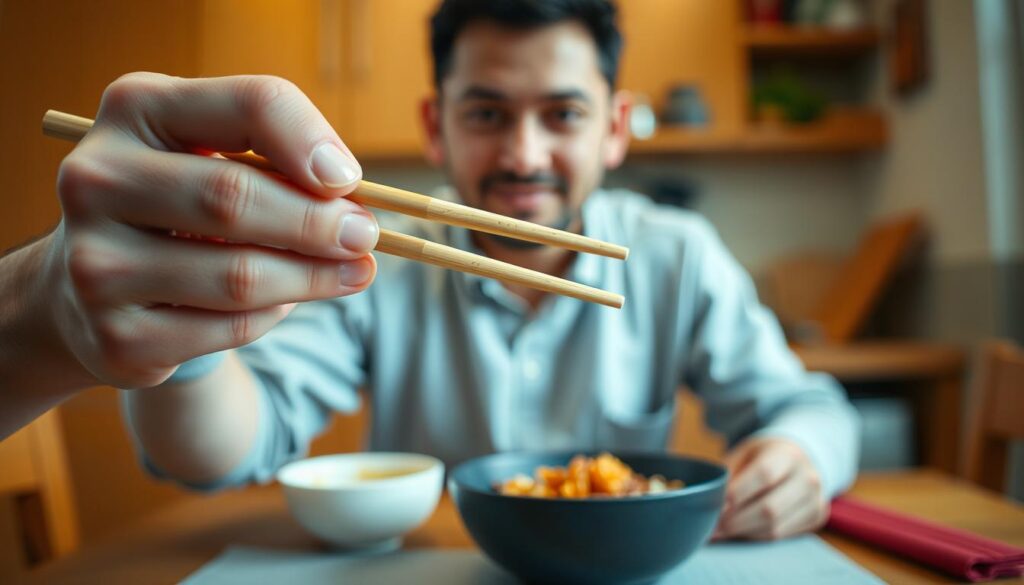 A beginner's hand struggles to grip a pair of chopsticks, the wooden utensils slipping between the fingers. The foreground captures the scene in sharp focus, showcasing the delicate movements and the determination on the person's face. The middle ground blurs into a warm, cozy kitchen setting, hinting at the task of mastering this traditional dining tool. The background remains softly out of focus, creating a intimate, personal atmosphere. Soft, indirect lighting illuminates the scene, casting gentle shadows and highlights. A 35mm lens captures the scene with a natural, documentary-style perspective, inviting the viewer to empathize with the beginner's chopstick challenges.