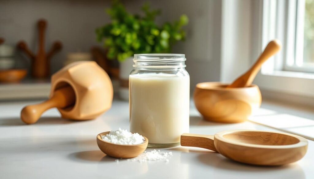 A bright, well-lit kitchen counter displaying the essential ingredients for homemade butter: a glass jar filled with fresh cream, a wooden butter churner, a pinch of salt, and a small wooden bowl. The cream's creamy texture and light golden hue are highlighted by the soft, natural lighting. The wooden utensils add a rustic, homemade touch, creating a warm, inviting atmosphere. The overall composition emphasizes the simplicity and wholesome nature of the homemade butter-making process.