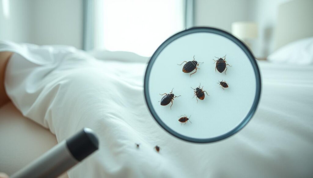 A brightly lit bedroom with a close-up view of a mattress and bedding. The focus is on a magnifying glass held over the sheets, revealing the tell-tale signs of bed bug infestation - small dark spots, shed exoskeletons, and the elusive bugs themselves crawling across the fabric. The lighting is crisp and evenly distributed, highlighting the intricate details of the bed bugs and the texture of the bedding. The overall mood is one of meticulous inspection, with a sense of unease and the need to thoroughly investigate the potential infestation.
