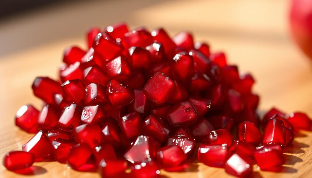 A close-up shot of vibrant red pomegranate seeds, glistening with moisture, resting on a wooden surface. The lighting is warm and natural, casting gentle shadows that accentuate the intricate textures and shapes of the individual seeds. The background is blurred, allowing the pomegranate seeds to be the focal point, drawing the viewer's attention to their jewel-like beauty. The overall composition is balanced and visually appealing, capturing the essence of the pomegranate's interior in a way that highlights its value and worth the effort of extraction.