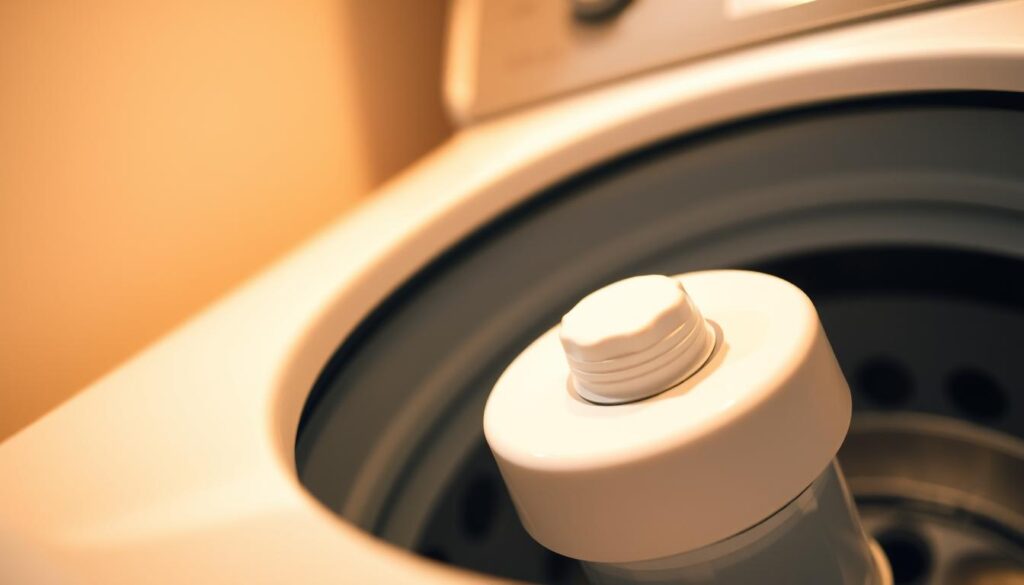 A close-up view of a top loader washing machine's agitator, with a focused, crisp perspective. The agitator is illuminated by warm, natural lighting from an overhead source, casting subtle shadows that accentuate its contoured shape and textured surface. The agitator is the central focus, occupying the majority of the frame, with a clean, minimalist background that allows the subject to stand out. The image conveys a sense of cleanliness, attention to detail, and the importance of properly maintaining this key component of a top-loading washing machine.