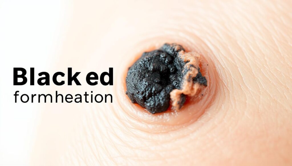 A close-up view of blackhead formation on human skin, showcasing the gradual buildup of oxidized sebum and dead skin cells in the pores. The image should have a scientific, educational tone, with a well-lit, detailed, and magnified perspective that allows the viewer to understand the process. The background should be clean and neutral, with a soft, diffused lighting that emphasizes the textural and color changes of the blackhead-affected area. The composition should balance the foreground detail with enough context to situate the subject within the skin's surface. The overall mood should convey the importance of understanding blackhead formation to effectively treat and prevent them.