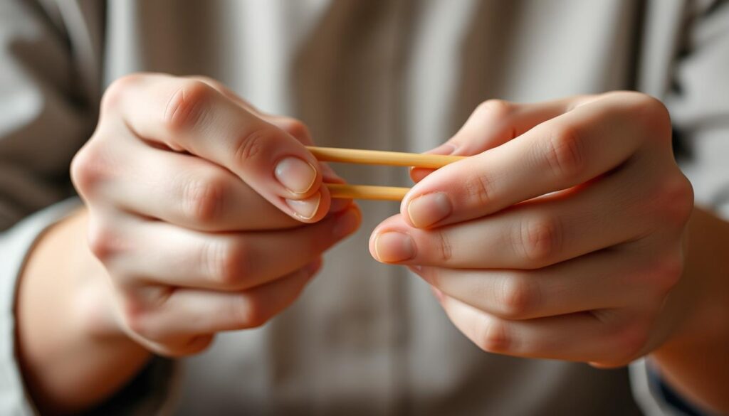 A close-up view of two hands meticulously demonstrating the proper chopstick grip technique. The hands are positioned in a natural, relaxed posture, with the tips of the chopsticks resting lightly on the fingertips. The lighting is soft and diffused, creating a sense of focus and clarity. The background is blurred, drawing the viewer's attention to the intricate hand movements and the chopsticks themselves. The overall mood is instructive and informative, conveying the importance of mastering this essential skill.