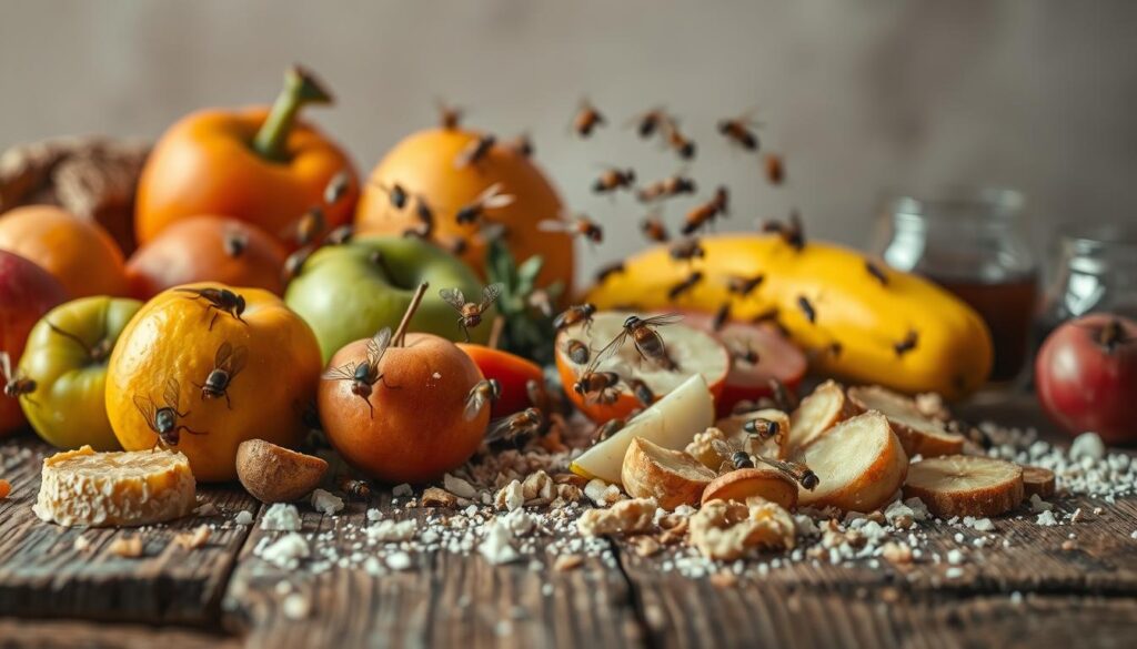A close-up view of various fly attractants arrayed on a rustic wooden surface. In the foreground, ripe fruit and spilled sugary drinks sit amidst overripe produce and crumbs, casting a warm, inviting glow under soft, diffused lighting. In the middle ground, a wafting cloud of buzzing flies hovers around the tempting morsels, their compound eyes and proboscises visible in intricate detail. The background fades into a blurred, neutral backdrop, allowing the central elements to command attention. The scene conveys the irresistible draw that these common household items have for unwanted insect visitors.