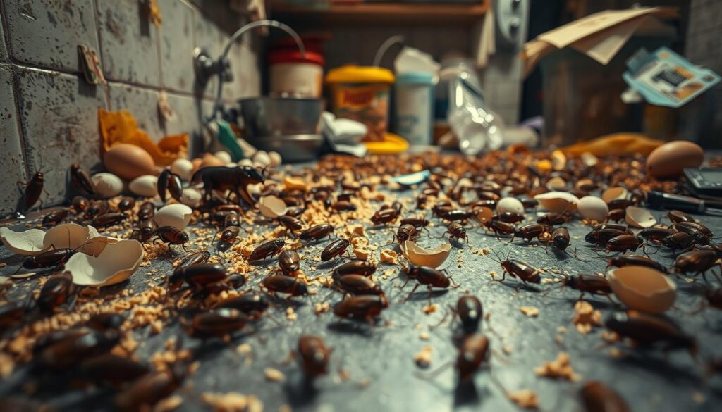 A cluttered kitchen counter strewn with crumb trails, discarded eggshells, and discarded food packaging. In the foreground, a swarm of scurrying cockroaches emerges from the cracks and crevices, their brown, shiny bodies glistening under warm, amber-tinted lighting. In the middle ground, partially obscured by the kitchen clutter, a single cockroach pauses, its antennae twitching as it senses the nearby presence of humans. The background is dimly lit, hinting at the extent of the infestation, with more cockroaches visible in the shadows.