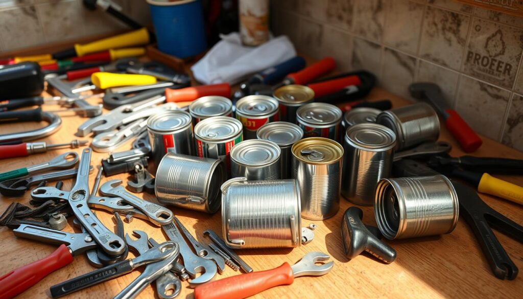 A cluttered kitchen countertop, warm afternoon light streaming in. An assortment of common household tools scattered across the surface - pliers, wrenches, screwdrivers, and a hammer. Amid the toolbox clutter, several cans of various sizes and shapes, their lids pried open with the creative use of these makeshift can openers. The tools, with their utilitarian forms and metallic finishes, create an intriguing visual contrast against the mundane cans. The scene conveys a sense of resourcefulness and problem-solving, hinting at the article's message of finding simple solutions to everyday challenges.