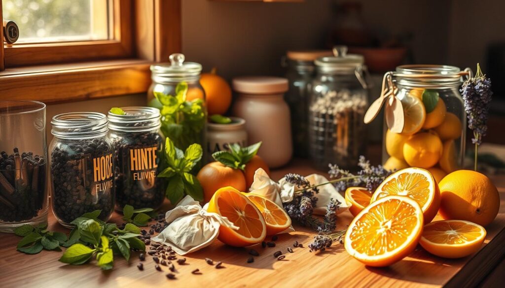 A cozy kitchen countertop scattered with natural mouse deterrents - jars of whole cloves, sprigs of fresh mint, sachets of dried lavender, and halved citrus fruits. Warm light from a nearby window casts soft shadows, creating a soothing, earthy atmosphere. The arrangement is thoughtfully composed, each element playing a role in discouraging mice from invading the space. The prompt aims to illustrate a range of effective, non-toxic methods to keep these unwanted pests at bay using readily available household items.