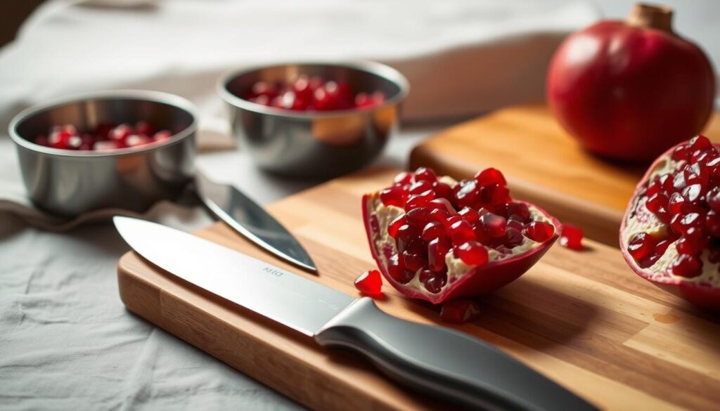 A crisp, well-lit tabletop scene featuring an assortment of essential tools for cutting pomegranates. In the foreground, a sharp, high-quality paring knife gleams, its blade ready to slice into the ruby-red fruit. Beside it, a sturdy wooden cutting board provides a stable surface. In the middle ground, a small metal bowl waits to catch the pomegranate seeds, its polished surface reflecting the warm lighting. In the background, a neutral-colored cloth or backdrop creates a clean, uncluttered environment, allowing the tools to take center stage. The overall mood is one of precision, functionality, and a sense of care and attention to detail in the art of pomegranate preparation.