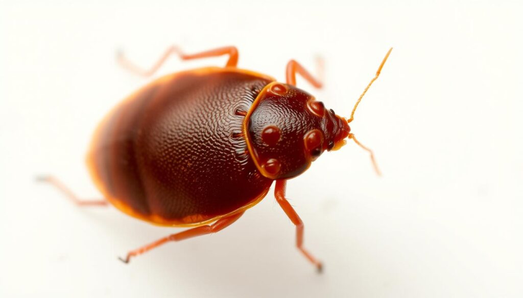 A detailed and well-lit close-up illustration of a bed bug specimen, showcasing its distinctive oval-shaped body, segmented abdomen, and reddish-brown coloration. The image should be captured from a low angle, using a macro lens to highlight the intricate features and textures of the insect, such as its compound eyes, antennae, and the fine hairs covering its body. The background should be clean and neutral, allowing the bed bug to be the central focus of the image, conveying a sense of scientific study and observation.