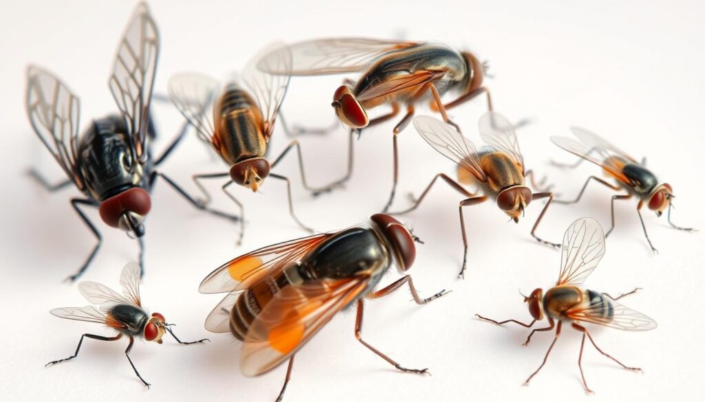 A detailed close-up shot of various types of common household flies, including the housefly, fruit fly, blow fly, and drain fly, captured in natural lighting against a clean, neutral background. The flies are depicted in a scientific, educational manner, with a focus on their distinct physical characteristics and behaviors. The composition showcases the unique features of each fly species, allowing the viewer to clearly differentiate between them. The image conveys a sense of careful observation and a desire to better understand these ubiquitous pests.