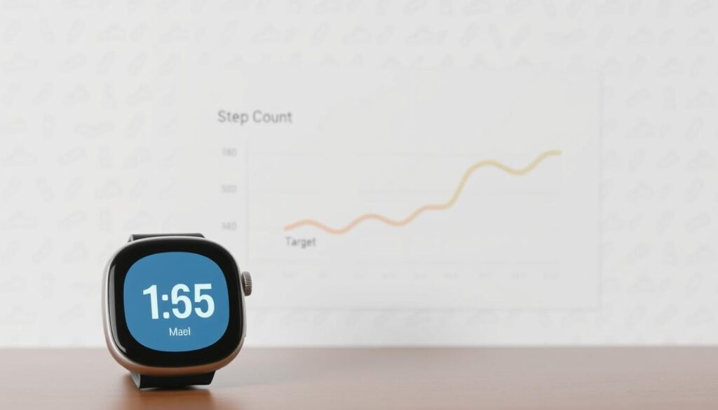 A digital fitness tracker display showing a daily step count goal for weight loss. The foreground features a sleek, modern smartwatch with a clean, minimalist interface displaying a large number representing the user's step count, set against a plain white background. The middle ground includes a simple line graph charting the user's step progress over time, with a target step count line highlighted in a complementary color. The background features a subtle pattern or texture hinting at a healthy lifestyle, such as repeating icons of sneakers or leaf motifs. The overall mood is one of simple, elegant data visualization that inspires the viewer to reach their personal step goal for effective weight management.
