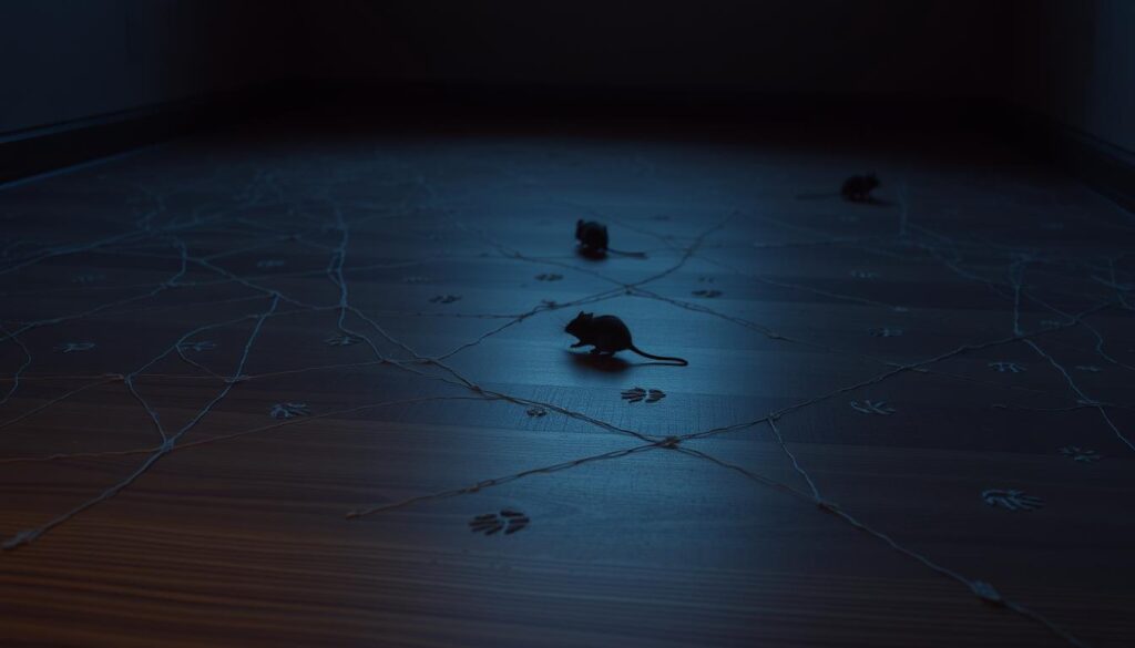 A dimly lit room, with a wooden floor and plain walls. In the foreground, a network of faint mouse tracks criss-cross the floor, creating a intricate web-like pattern. The tracks are rendered in shades of gray, conveying a sense of subtle movement and exploration. In the middle ground, a single mouse scurries across the floor, its small form casting a soft shadow. The background is slightly blurred, creating a sense of depth and focus on the mouse activity. The lighting is soft and ambient, creating a moody, investigative atmosphere, as if the viewer is observing the unseen world of these tiny creatures. The camera angle is slightly low, placing the viewer at the level of the mouse, adding to the sense of immersion and discovery.