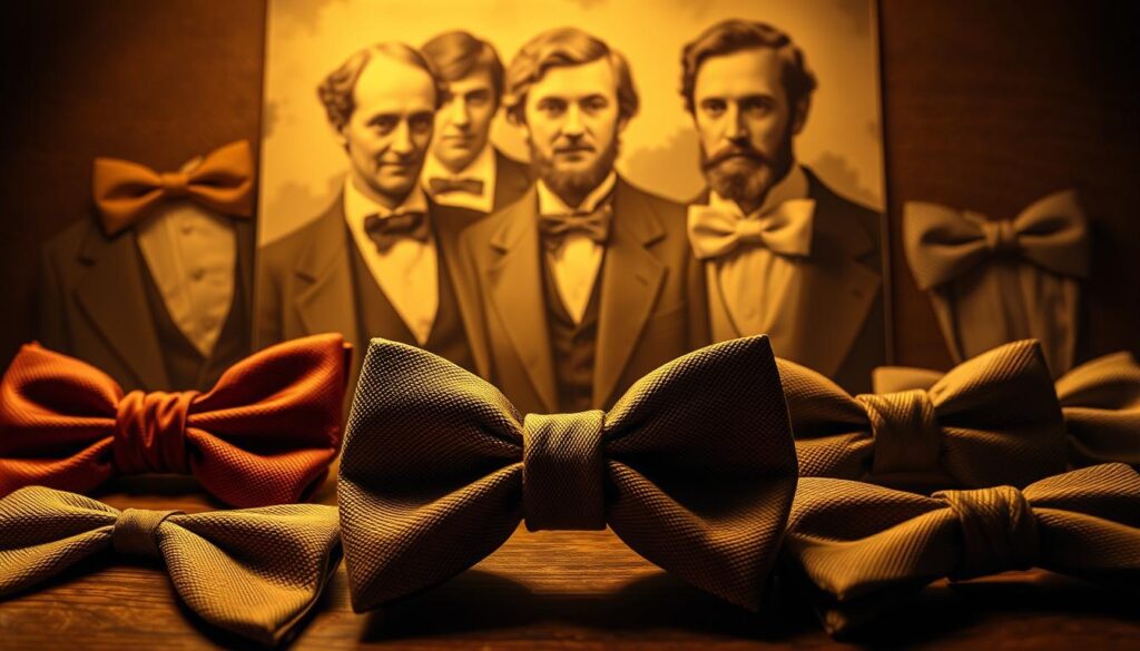 A high-quality, vintage-inspired illustration depicting the art and history of bow ties. In the foreground, a detailed, meticulously rendered collection of classic bow tie styles from various eras, showcasing the evolution of this timeless accessory. In the middle ground, a sepia-toned collage of historical figures donning impeccably tied bow ties, conveying a sense of sophistication and elegance. In the background, a soft, vignette-like effect frames the scene, evoking a sense of nostalgia and the timeless appeal of the bow tie. Warm, dramatic lighting illuminates the composition, casting subtle shadows and highlighting the intricate textures and patterns of the bow ties. Captured with a shallow depth of field, creating a focus on the central elements and a sense of depth and perspective.