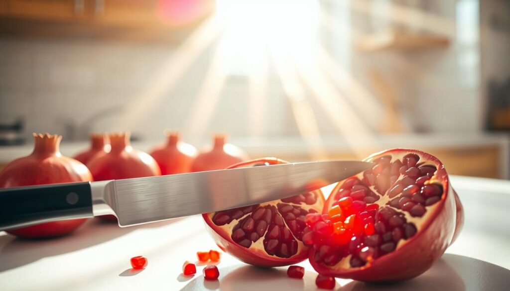 A kitchen counter with several fresh pomegranates, their vibrant red skin contrasting against the white surface. In the foreground, a sharp knife is poised, ready to slice into the fruit, revealing its glistening ruby-red arils. Beams of warm, natural light pour in from a nearby window, casting dynamic shadows and highlights that accentuate the textural details of the pomegranates. The scene exudes a sense of anticipation and the challenges that may arise when attempting to neatly extract the delicate seeds from the tough rind. The mood is one of focused culinary exploration, where the viewer can almost feel the weight of the fruit in their hands and the tactile experience of cutting into its juicy interior.