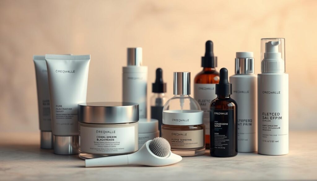 A minimalist still life featuring an assortment of high-quality skincare products designed to treat blackheads. In the foreground, a selection of cleansers, scrubs, and pore-refining serums in sleek, neutral-toned packaging are artfully arranged on a soft, muted background. Warm, diffused lighting accentuates the textures and details of the products, creating a sense of luxury and efficacy. The middle ground showcases a couple of facial tools like a comedone extractor and a sonic cleansing brush, hinting at the comprehensive nature of the skincare routine. The background is a serene, slightly blurred backdrop, perhaps a marble or stone surface, emphasizing the focus on the products themselves. The overall mood is one of professionalism, simplicity, and an assurance of high-performance skincare solutions for managing stubborn blackheads.