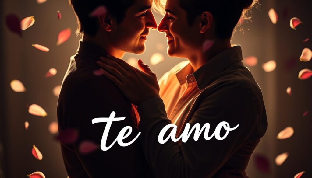 A passionate, romantic scene of a couple intimately embracing, conveying the deeper, emotional expression of "Te amo" in Spanish. The pair are surrounded by a soft, warm glow, with delicate petals floating in the air, creating an atmosphere of deep affection and connection. The man's hands tenderly cup the woman's face as they gaze into each other's eyes, their bodies intertwined in a natural, graceful pose. The lighting is subtle, creating shadows that accentuate the curves and contours of their bodies, heightening the sense of intimacy. The background is blurred, placing the focus solely on the couple's emotional bond.