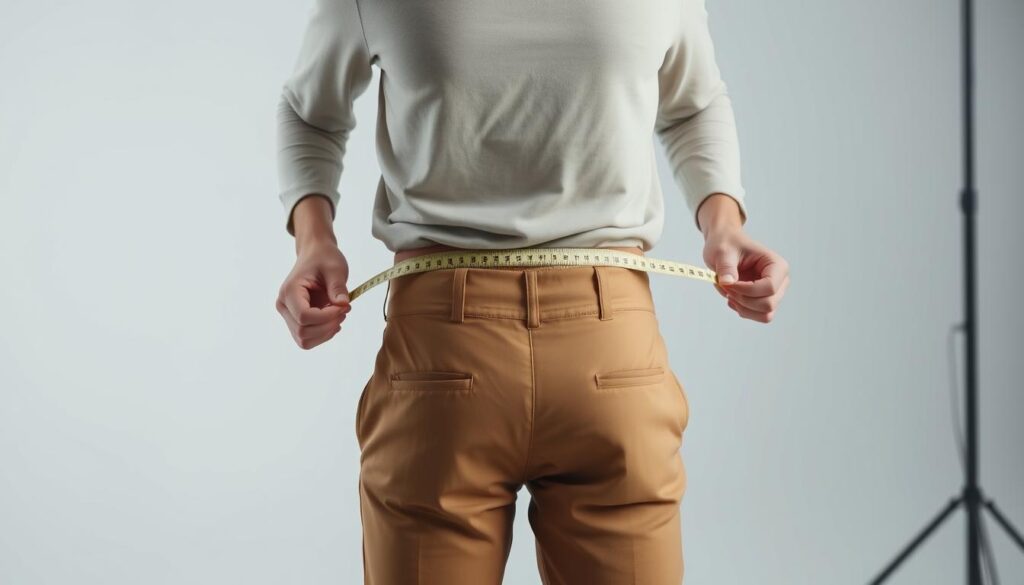 A person in a neutral-colored shirt and pants, standing upright with their hands on their waist, demonstrating the proper technique for measuring their waist. The background is a clean, minimalist studio setting with soft, diffused lighting from multiple angles, creating a flattering, documentary-style appearance. The image captures the subject's torso and hips in a three-quarter view, allowing for clear visibility of the waist measurement process. The overall mood is informative and instructional, with a focus on accuracy and attention to detail.