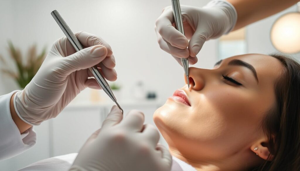 A professional, high-quality blackhead extraction treatment taking place in a serene, well-lit medical spa setting. In the foreground, a close-up view of a dermatologist's gloved hands carefully using a metal blackhead extractor tool to gently remove blackheads from a patient's nose and cheeks. The middle ground shows the patient relaxed and comfortable, their face resting on a padded treatment table. The background depicts a tranquil, soothing environment with soft lighting, clean white walls, and minimalist decor, conveying a sense of professionalism and care.