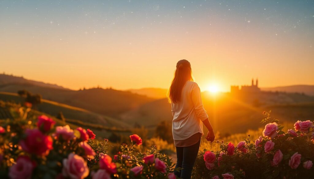 A serene sunset scene with a romantic Spanish landscape - rolling hills, lush greenery, and a charming rural villa in the distance. In the foreground, a couple stands hand-in-hand, gazing at each other affectionately as they exchange tender Spanish phrases of love, the warm golden light casting a gentle glow. The middle ground features a vibrant floral border, with fragrant roses and blooming vines framing the amorous pair. In the background, a softly blurred night sky twinkles with stars, creating a dreamlike, intimate atmosphere. Captured with a shallow depth of field and a touch of hazy, romantic lens flare.