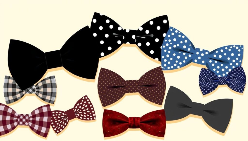 A stylized illustration of various types of bow ties, showcasing their diverse shapes, patterns, and textures. The foreground features a detailed array of bow ties in classic styles like the classic black, the checkered, and the striped variations. The middle ground highlights more unique and contemporary designs, such as the polka dot, the paisley, and the velvet bow ties. The background subtly fades into a soft, neutral tone, allowing the bow ties to take center stage. The lighting is soft and warm, creating a sophisticated and elegant atmosphere. The overall composition is clean, well-balanced, and visually captivating, perfectly suited to illustrate the "Types of Bow Ties You Should Know" section.