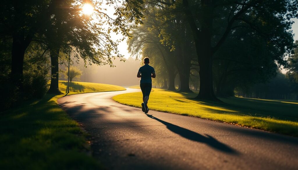 A tranquil morning scene of a person taking brisk steps on a winding path through a lush, verdant park. Warm, diffused sunlight filters through the trees, casting soft shadows on the ground. The walker's silhouette is distinct, their stride purposeful, as they move towards a bright horizon. The foreground is clear and sharp, gradually blurring into a dreamy, atmospheric background of swaying foliage and a clear, blue sky. The overall mood is one of calm, motivation, and a sense of progress towards a healthier lifestyle.