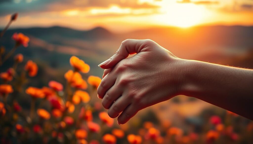 A vibrant, romantic scene set against a lush, Spanish-inspired backdrop. In the foreground, a pair of hands tenderly clasping each other, fingers intertwined, conveying a heartfelt "Te amo" - the universal expression of love in the Spanish language. The middle ground features softly blurred flowers in warm hues, evoking a sense of intimacy and passion. The background is a dreamy, impressionistic landscape with rolling hills, a vibrant sky, and a subtle golden glow, creating an atmosphere of deep emotion and connection. Dramatic yet intimate lighting, a shallow depth of field, and a slightly angled camera angle heighten the sense of emotional intensity and significance of this special moment.