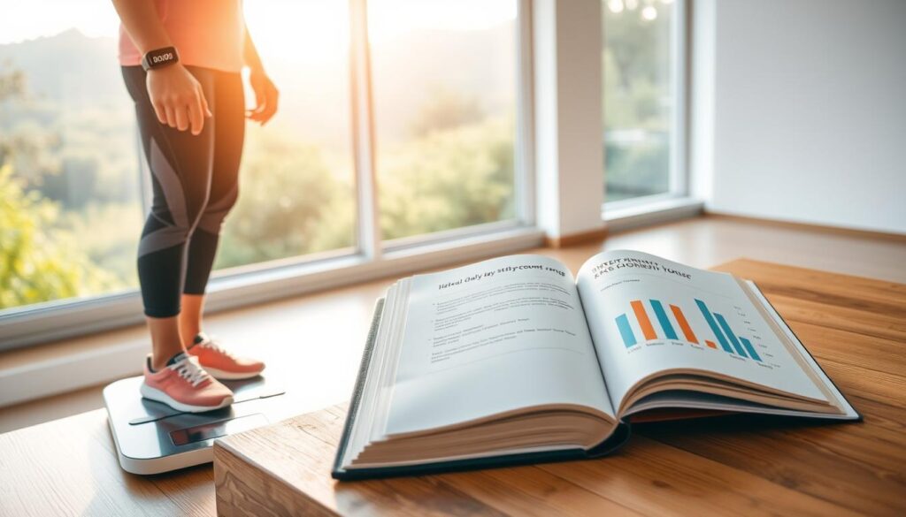 A well-lit, clean and modern interior scene. In the foreground, a person wearing athletic wear stands on a digital scale, with a 10,000-step tracker visible on their wrist. The middle ground features an open book on a wooden table, with charts and infographics illustrating the ideal daily step count range for weight loss. The background showcases large windows overlooking a lush, natural landscape, bathed in warm, diffused lighting. The overall atmosphere is one of informative clarity, wellness, and balance.