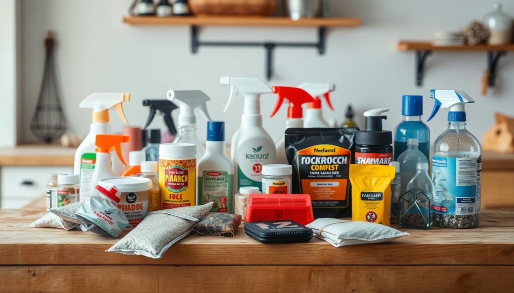 A well-lit, close-up view of a DIY cockroach control preparation station. On a sturdy wooden workbench, an assortment of supplies are neatly arranged - various spray bottles, powders, baits, and traps. The lighting is bright and even, with a soft directional fill light accentuating the textures and details of the items. The background is blurred, suggesting a clean, organized workspace. The overall mood is one of preparation and intention, conveying a sense of proactive, methodical pest control.