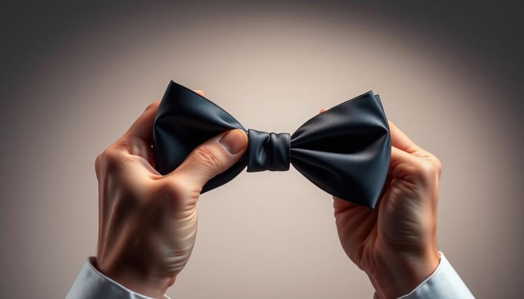 A well-lit, detailed step-by-step guide for tying a bow tie, shot with a professional DSLR camera at a medium focal length. The foreground shows a pair of hands carefully manipulating a black satin bow tie, with clear visibility of the essential steps. The middle ground displays a neutral, out-of-focus background, allowing the viewer to focus on the task at hand. Soft, diffused lighting from above creates subtle shadows and highlights the intricate folds and textures of the fabric. The overall mood is one of instructional clarity, precision, and attention to detail, reflecting the importance of proper preparation before tying a bow tie.