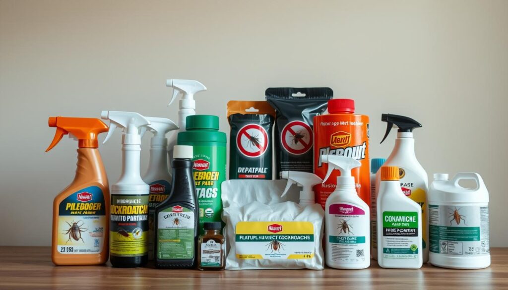 A well-lit, high-resolution image of an assortment of chemical pest control products for cockroaches, including insecticide sprays, baits, and traps, arranged neatly on a wooden surface. The products should be displayed in a clean, organized manner, with a sense of professionalism and practicality. The background should be a plain, neutral color to ensure the focus remains on the chemical solutions. Capture the products from a slightly elevated angle, creating a sense of authority and expertise. Convey a mood of effectiveness and reliability, demonstrating the proven methods to eliminate cockroaches from the home.