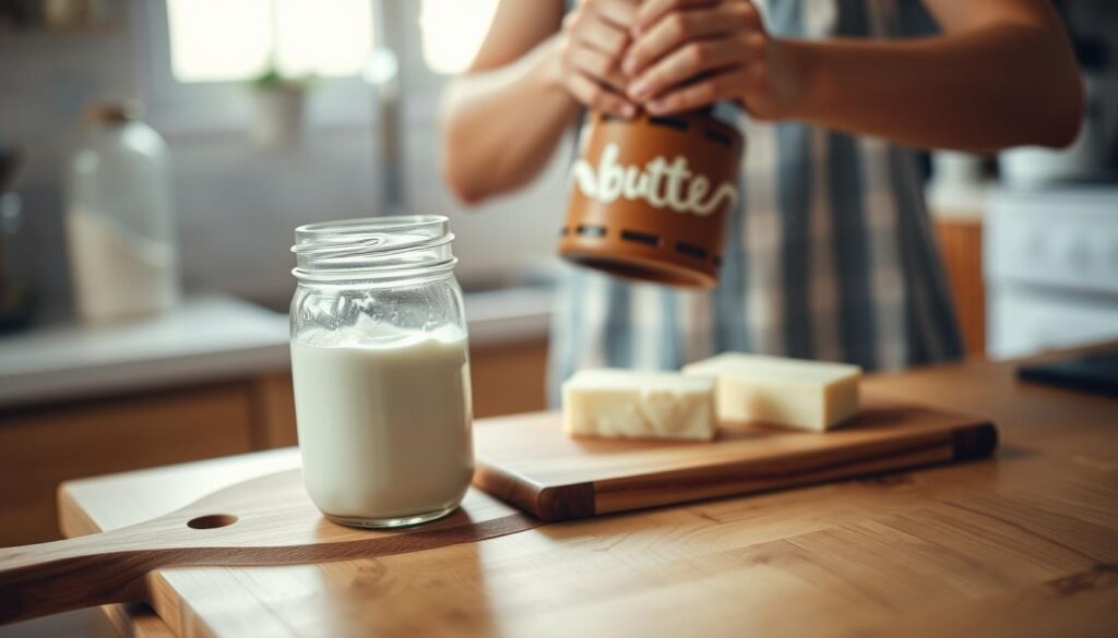 A well-lit kitchen counter, with a wooden board in the foreground. On the board, a mason jar filled with fresh cream and a wooden butter churner. In the middle ground, a person's hands are actively turning the churner, creating swirling patterns in the cream. The background is slightly blurred, suggesting a homey, domestic atmosphere. Warm, natural lighting from a nearby window casts a soft, golden glow on the scene. The overall mood is one of artisanal craftsmanship and the satisfaction of creating something by hand.