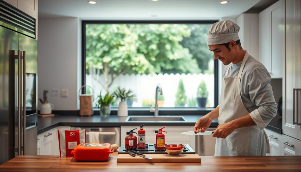 A well-lit modern kitchen with stainless steel appliances and sleek white cabinets. In the foreground, a person in a crisp white apron and chef's hat carefully handling a sharp kitchen knife, demonstrating proper technique. In the middle ground, various kitchen safety tools are neatly arranged, including a first aid kit, fire extinguisher, and oven mitts. The background features a large window overlooking a lush, green backyard, creating a serene and safe atmosphere. Warm, soft lighting casts a comforting glow throughout the scene, emphasizing the importance of kitchen safety and preparedness.