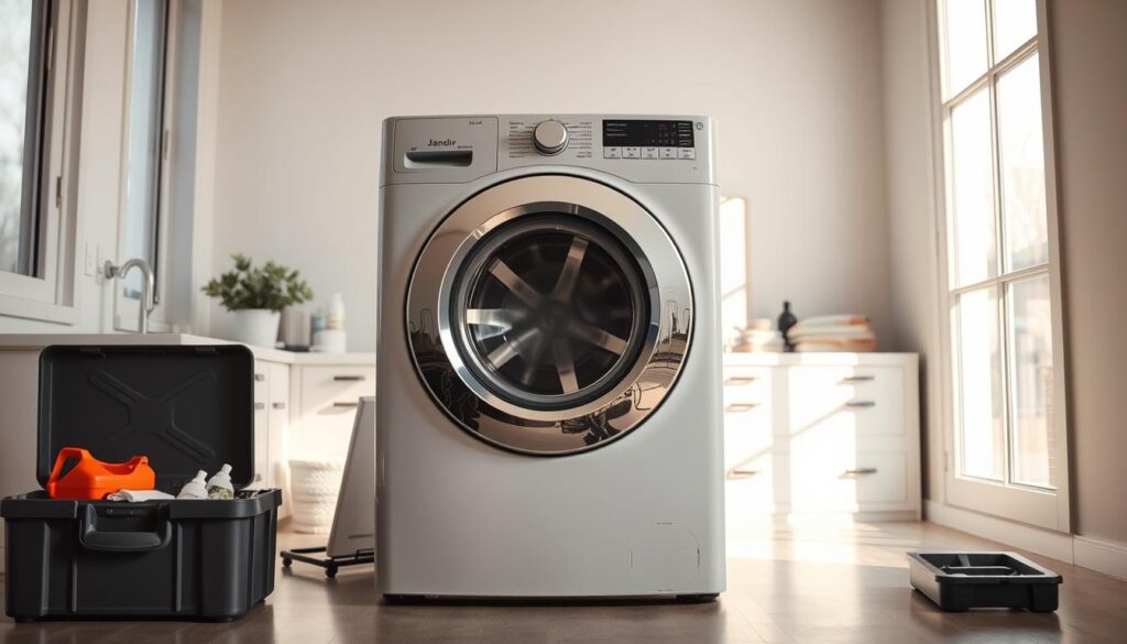 A well-lit, spacious laundry room with a front-loading washing machine prominently placed in the center. The machine's interior is partially open, revealing its intricate mechanisms. A toolbox and cleaning supplies are neatly arranged on a nearby countertop, suggesting a maintenance session in progress. Soft, natural lighting filters in through large windows, creating a serene and organized atmosphere. The scene conveys a sense of care and attention to detail, with the washing machine as the focal point of this carefully curated space.