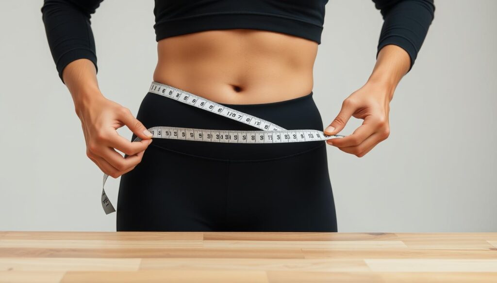 A well-lit studio setting with a wooden table in the foreground. On the table, a person's midsection is positioned, wearing form-fitting clothing. Hands are gently placing a flexible measuring tape around the waist, demonstrating the proper technique. The background is clean and minimalist, allowing the focus to remain on the waist measurement process. Soft, even lighting illuminates the scene, creating a calm, instructional atmosphere. The camera angle is slightly elevated, providing a clear view of the measurement technique.