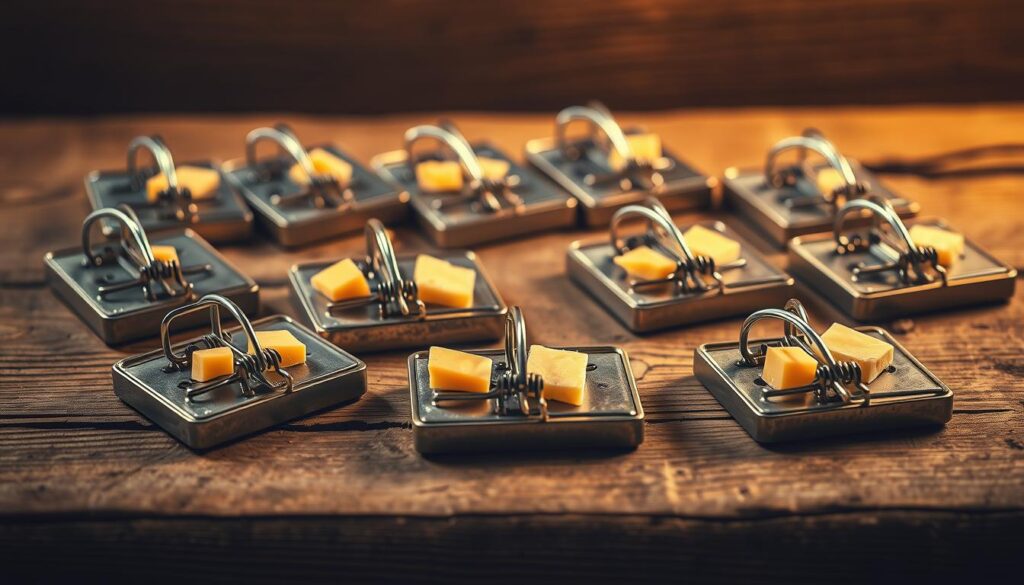 An array of traditional metal mouse traps, positioned on a rustic wooden surface. The traps are baited with cheese, their spring-loaded mechanisms ready to ensnare their elusive targets. Soft, warm lighting casts a gentle glow, creating an atmospheric, almost vintage feel. The traps are arranged in a visually appealing composition, showcasing their classic design and functionality. The overall scene evokes a sense of practicality and the timeless methods used to control rodent infestations in the home.