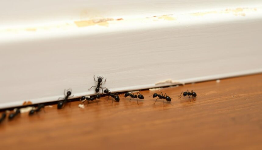 Ants following a scent trail into a home through a crack in the wall