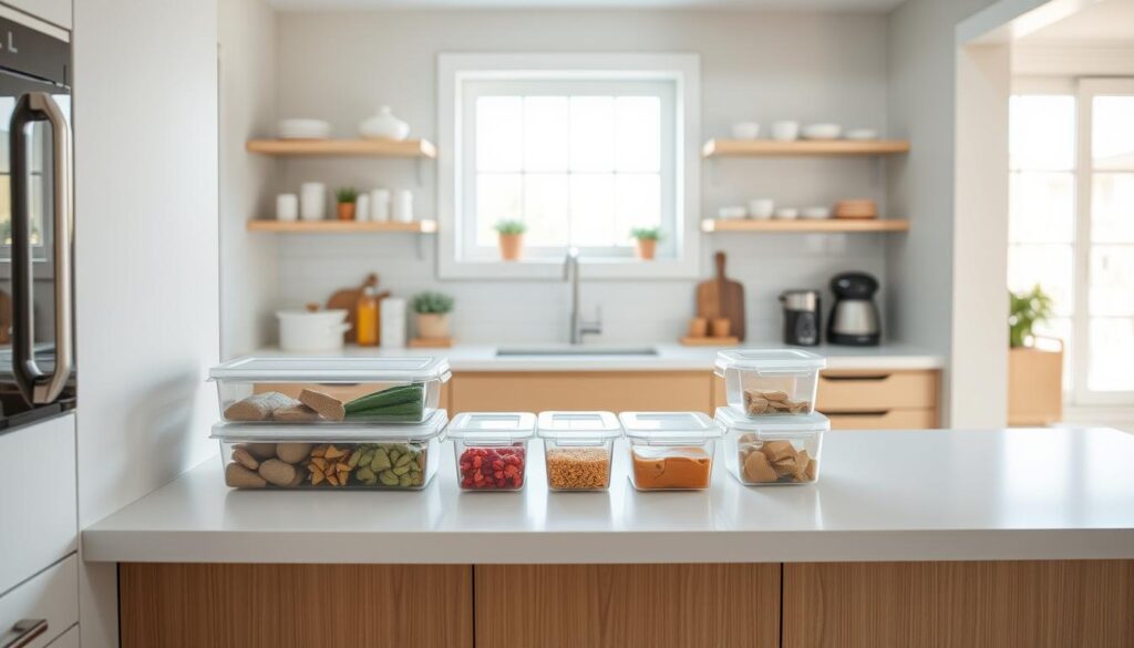 Clean, organized kitchen with food stored in airtight containers Clean, organized kitchen with food stored in airtight containers