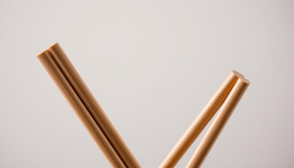 Crisp, high-resolution close-up photograph showcasing the intricate anatomy of chopsticks. In the foreground, a pair of exquisitely crafted chopsticks in natural wood tones, their tapered tips and smooth, polished surfaces illuminated by soft, directional lighting. The middle ground reveals the distinctive octagonal shape and detailed ridges along the body, highlighting the expert craftsmanship. In the background, a minimalist, neutral-toned backdrop creates a clean, studio-like setting, allowing the chopsticks to take center stage. The overall mood is one of refined simplicity, emphasizing the beauty and functional design of this essential dining implement.