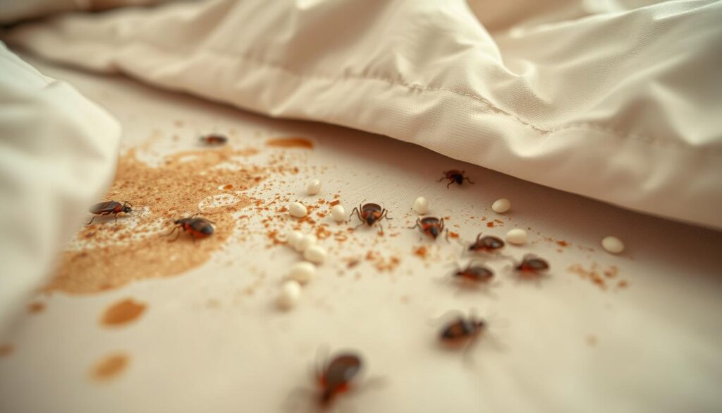 Detailed close-up photograph of bed bug detection signs, with sharp focus and high resolution. Crisp, well-lit image showcasing a bed, mattress, and bedding, revealing telltale signs of a bed bug infestation - dark reddish-brown stains, shed exoskeletons, and tiny white eggs nestled in the crevices and folds. The scene is captured from a low angle, emphasizing the minute scale of the pests. Muted, neutral color palette with warm highlights to convey the domestic, intimate setting of a bedroom. Evocative of the methodical, investigative process of inspecting for bed bug infestations.