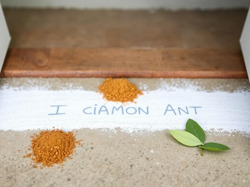Natural ant barriers including chalk lines, cinnamon, and bay leaves arranged around a doorway Natural ant barriers including chalk lines, cinnamon, and bay leaves arranged around a doorway