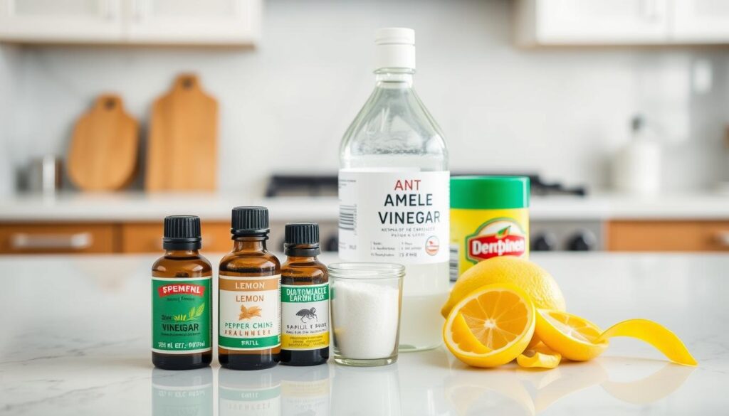 Natural ant repellents arranged on a kitchen counter including vinegar, essential oils, and diatomaceous earth Natural ant repellents arranged on a kitchen counter including vinegar, essential oils, and diatomaceous earth