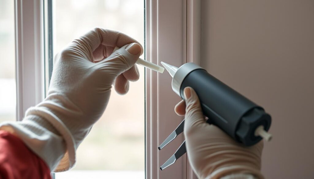 Person sealing cracks around a window frame to prevent ant entry Person sealing cracks around a window frame to prevent ant entry