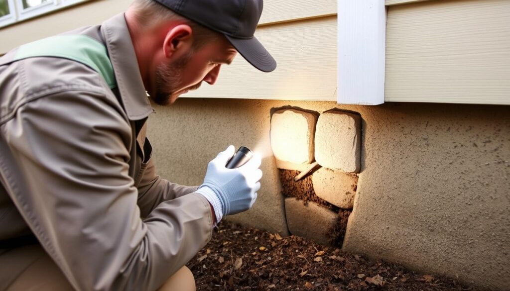 Professional pest control technician inspecting a home for ant entry points Professional pest control technician inspecting a home for ant entry points
