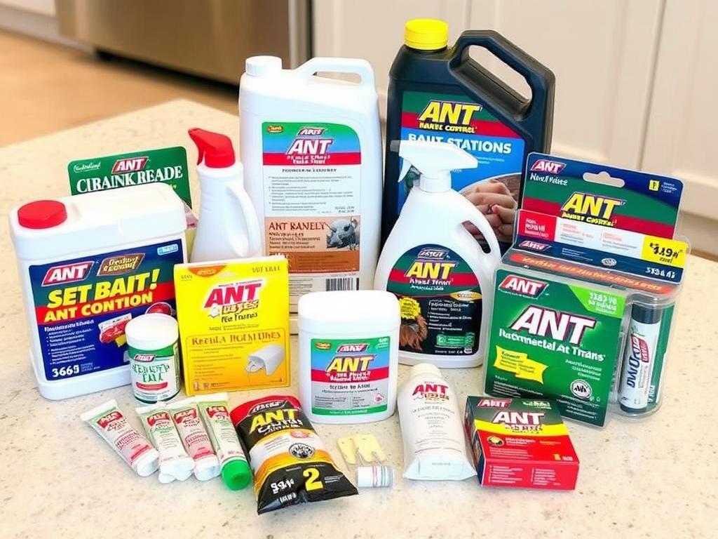 Various commercial ant baits and traps displayed on a surface Various commercial ant baits and traps displayed on a surface