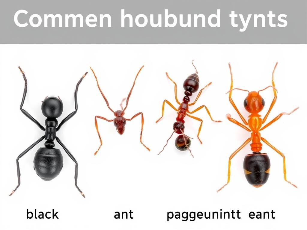 Visual comparison of common household ant species showing size and color differences Visual comparison of common household ant species showing size and color differences