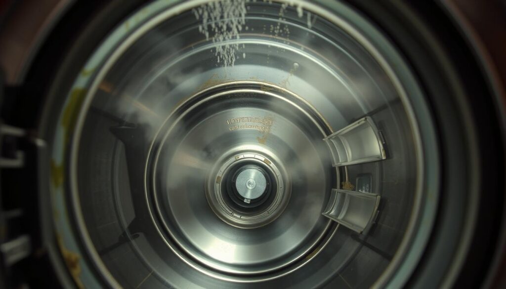 Washing machine interior, close-up view. Well-lit scene with soft, diffused lighting from above. Stainless steel drum visible, with mold and mildew buildup around the gasket and door. Detergent dispenser open, revealing soap residue. Corroded metal components and rust stains along the inner walls. Steam and condensation fogging the glass door. Evokes a sense of neglect and the need for thorough cleaning and maintenance.